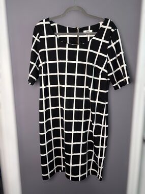 CATO Black White Grid Windowpane Short Sleeve Shift Dress Large